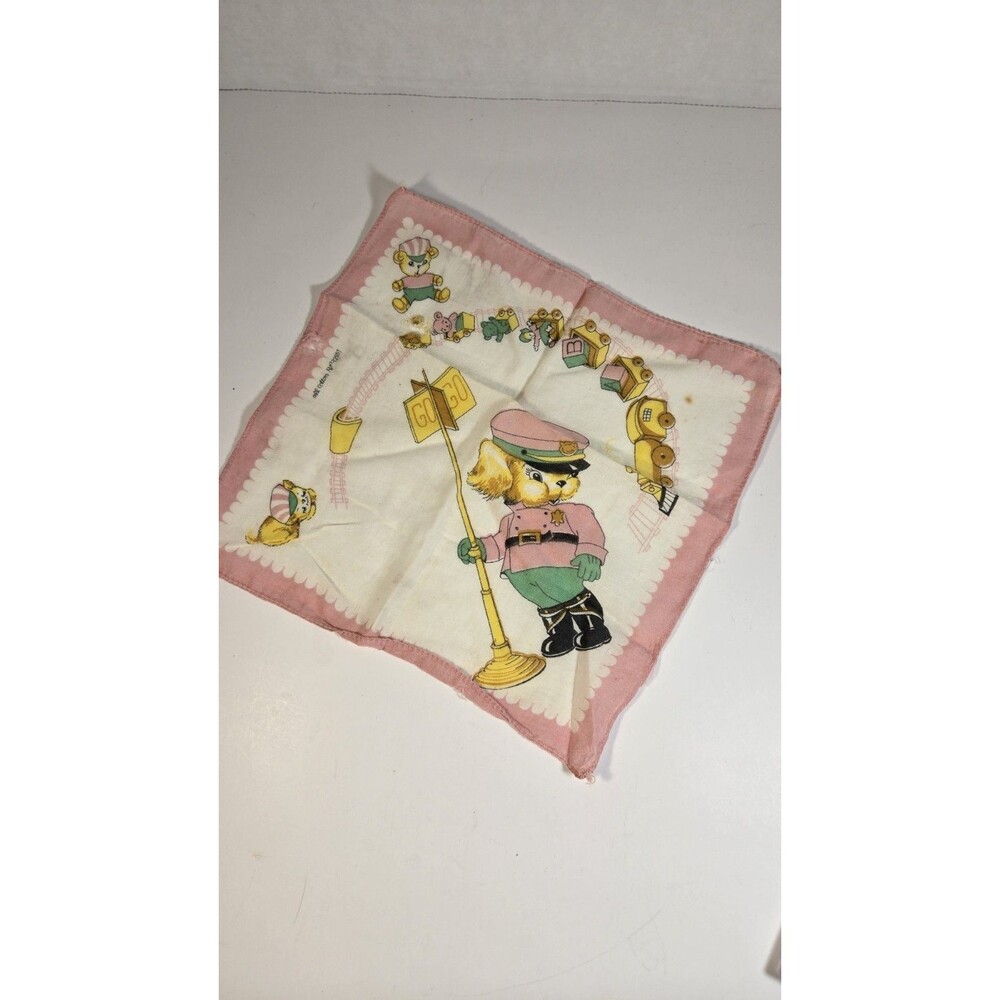Vintage Child's Handkerchief - Puppy Dog Conductor Toy Trains 9"